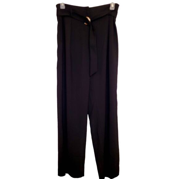 H&M black belted high waisted wide leg trouser pants - Picture 1 of 12